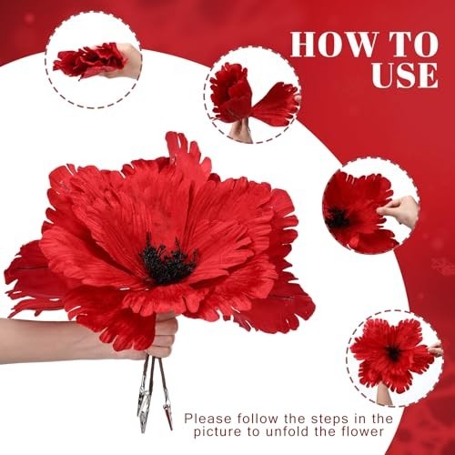 6 Pcs Red Velvet Poinsettia & Magnolia Flowers – Witch Party Decor, Wedding, Bir