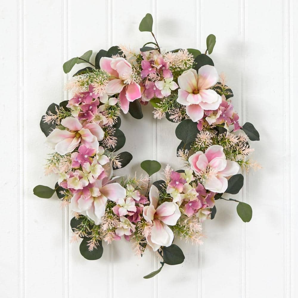 Nearly Natural Artificial Wreath 20″Dia Hydrangea Magnolia Pink Silk Flowers