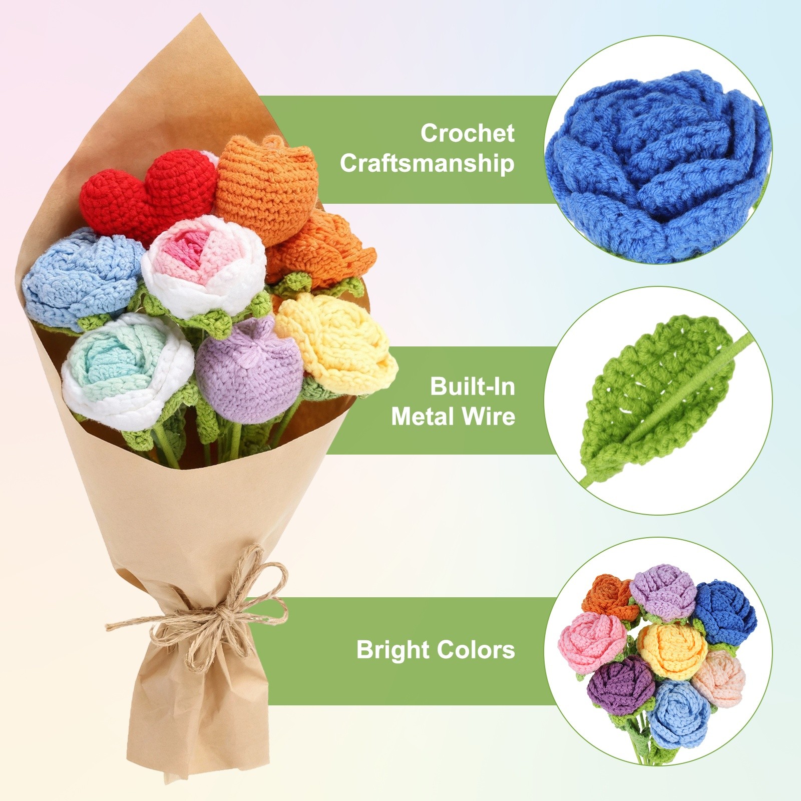 2Pcs Crochet Flower Rose Handmade Knitted Bouquet Dark Blue