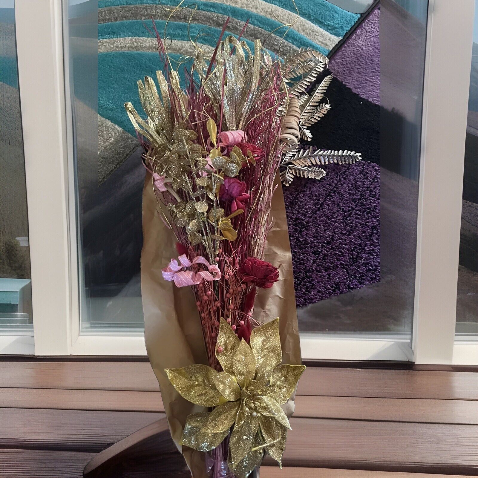Large vibrant pink and Mauve With Gold floral arrangement, flower arrangement