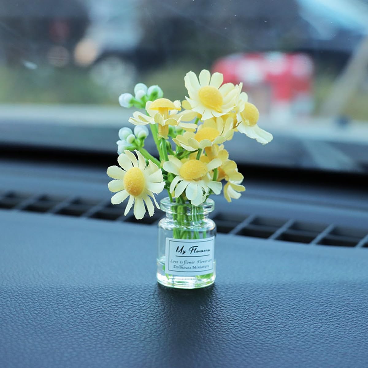 Set of 3 Mini Daisy Flowers in Glass Vase Cute Car Accessories for Rear View