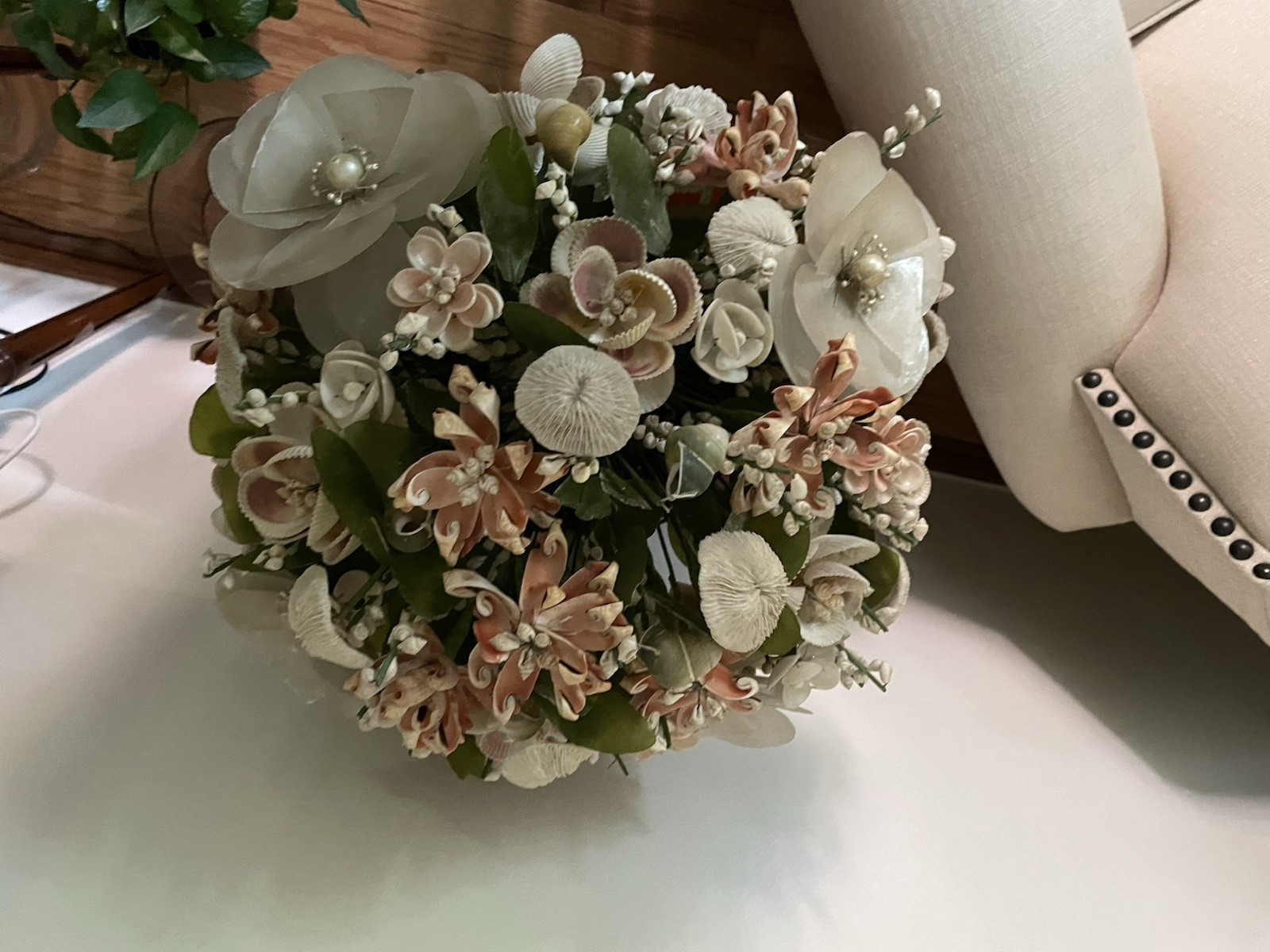 17″ Vintage Floral Centerpiece Seashells Flower Bouquet Arrangement capiz coral