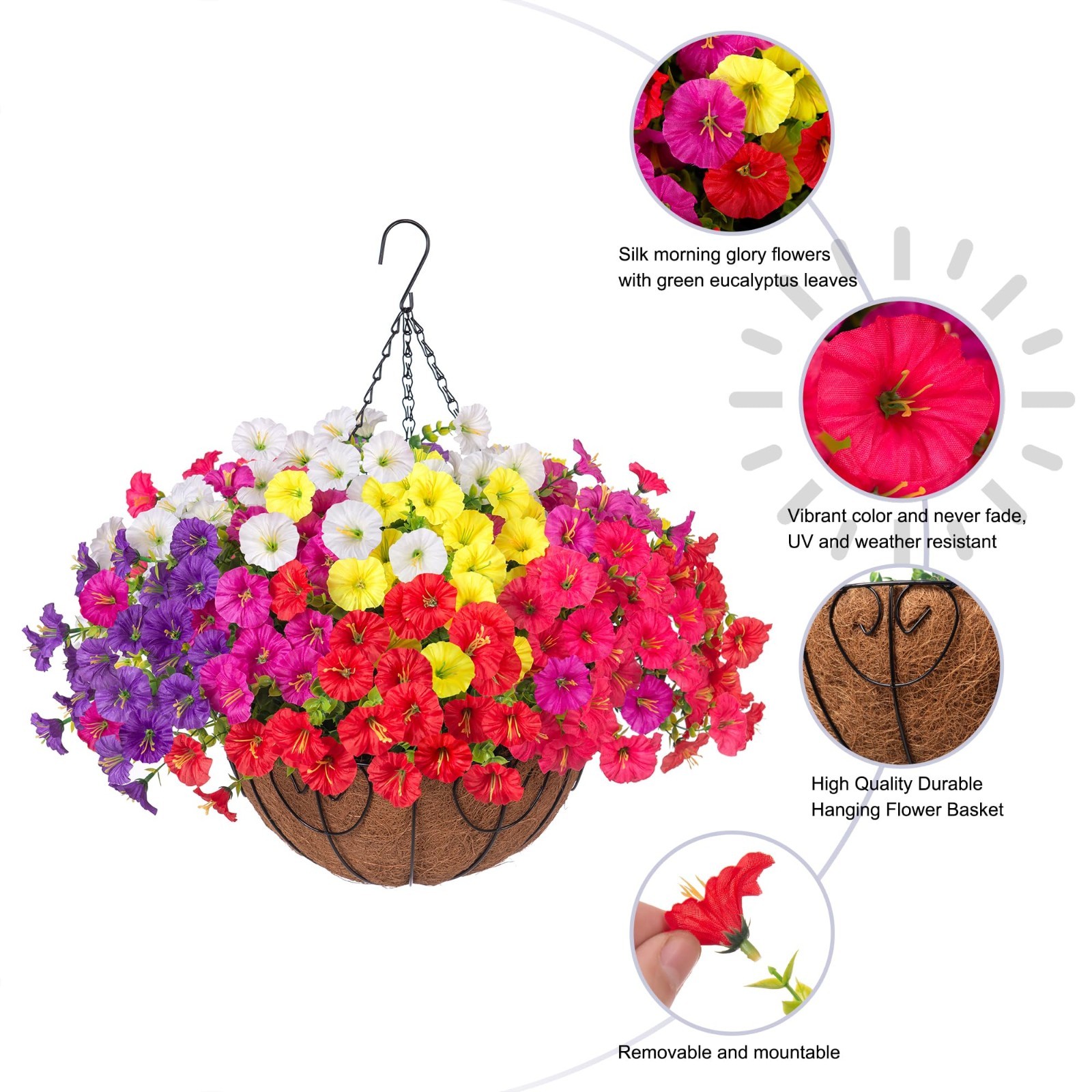Faux Hanging Flowers Basket – UV Resistant Silk Morning Glory & Eucalyptus for I