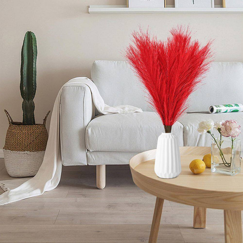 1.81 in Dark Red Artificial Plant 5 Pcs Faux Pampas Grass Tall Fluffy Bulrush Re
