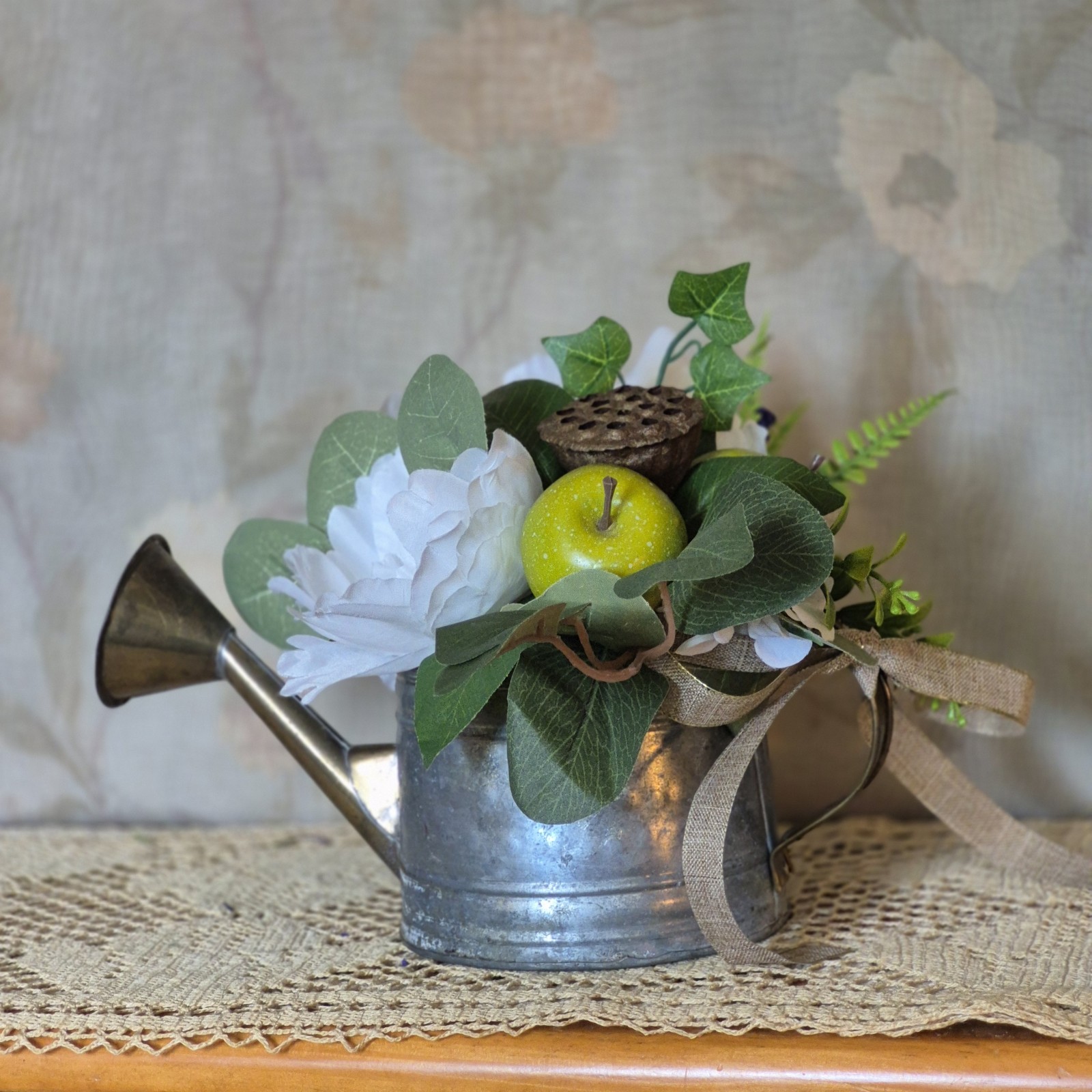 Floral Centerpiece, Vintage Metal Watering Can Cottagecore Faux Flowers