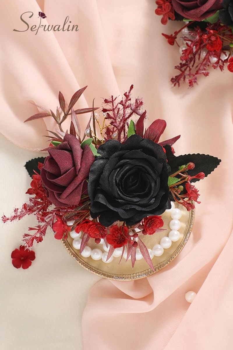2 PCS Black Burgundy Wrist Corsage Boutonniere Set 67 Inch Wedding Prom Suit