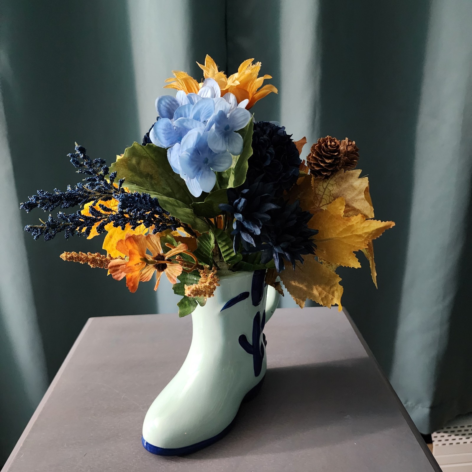 New Autumn Floral Arrangement In Ceramic Boot Mug Vase Fall Decor