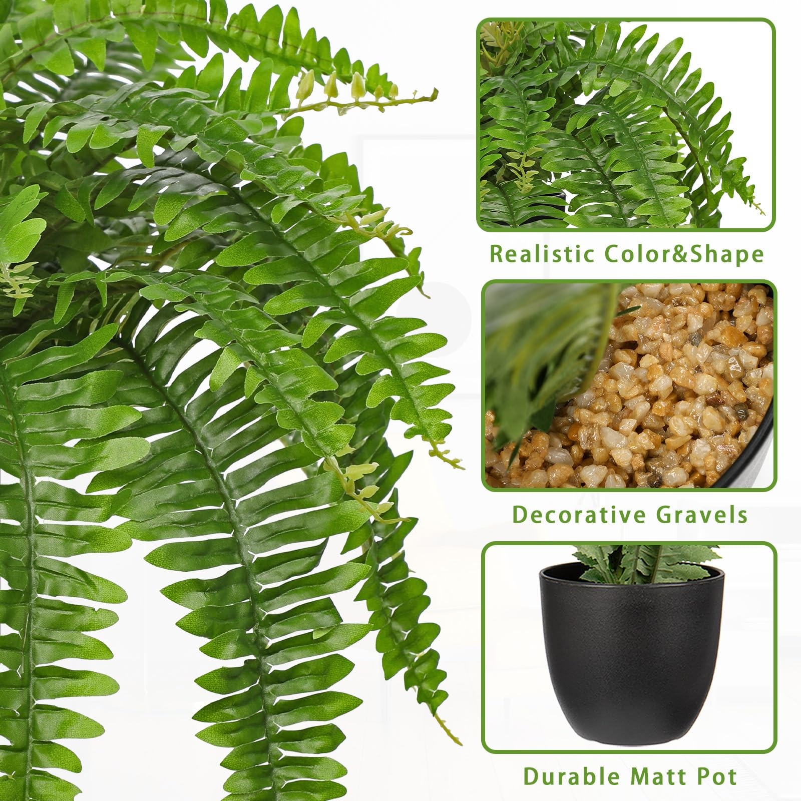 Hollyone Artificial Fern Plants in Pot 25.5″ Black – Green Medium