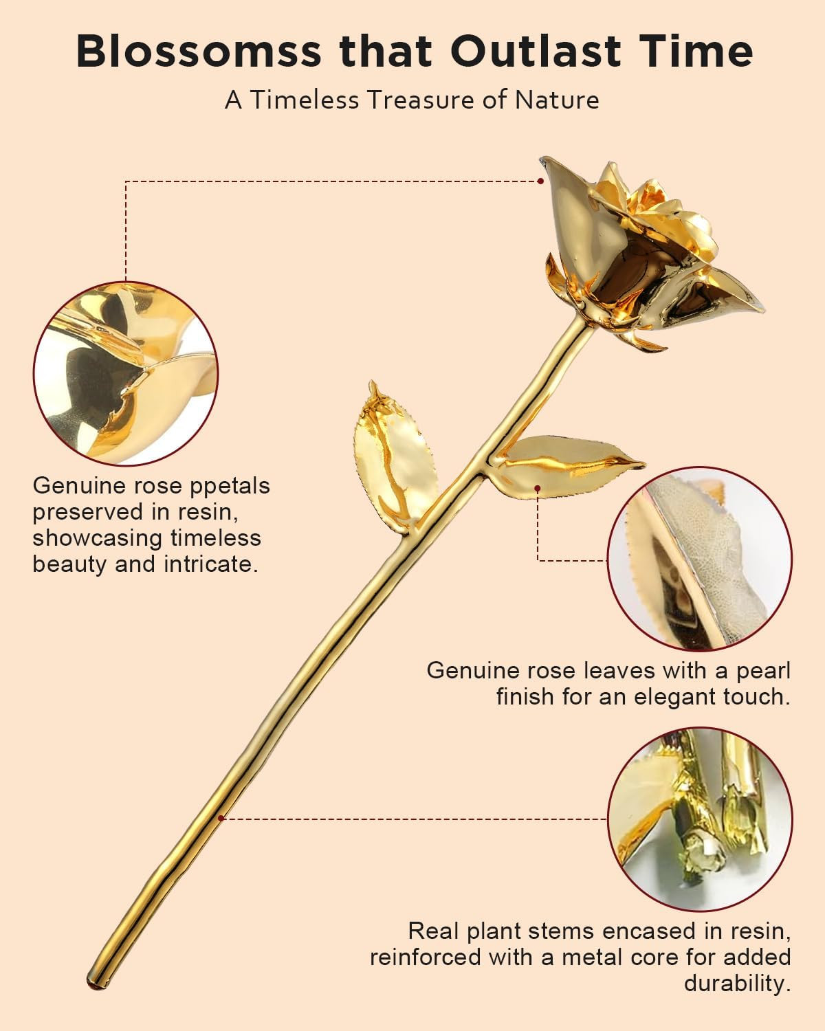 24K Gold Dipped Rose – Real Natural Rose Preserved in Pure Gold – Romantic for H