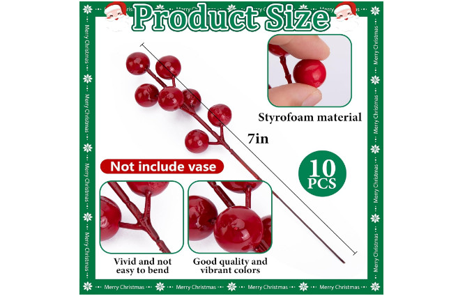 45 Pcs Christmas Artificial Pine Branches with Red Berry Stems- 10.5″ Faux Everg