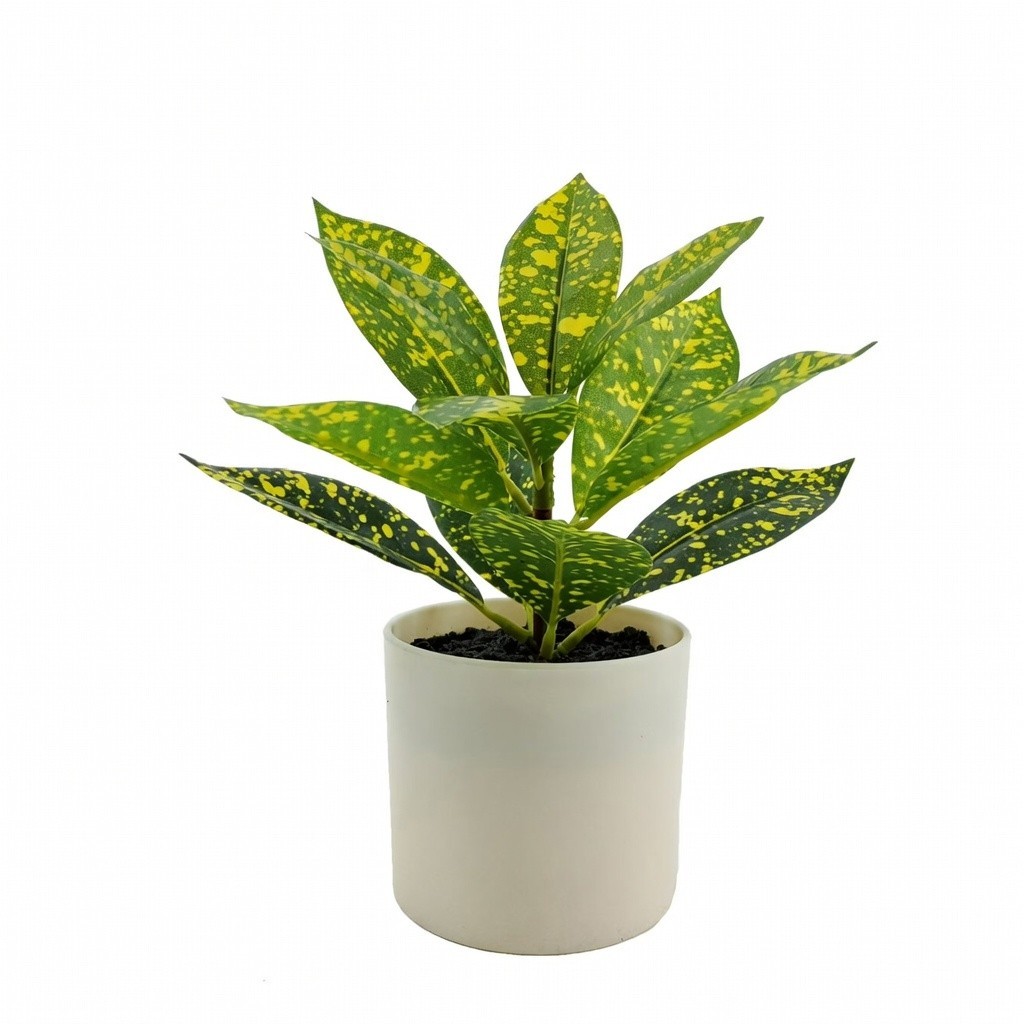 Artificial Spotted Laurel Plant 7.5in Potted Faux Indoor Desk Home Decor