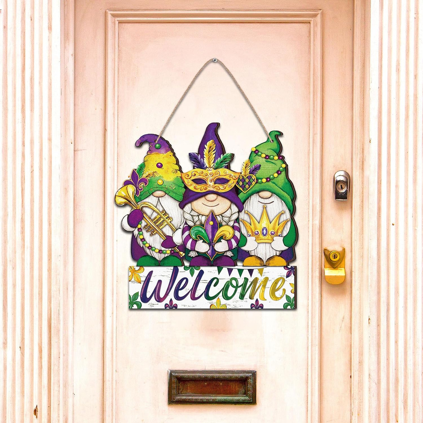 Mardi Gras Door Decor Gnome Wreath Wooden Welcome Sign Farmhouse Porch Wall