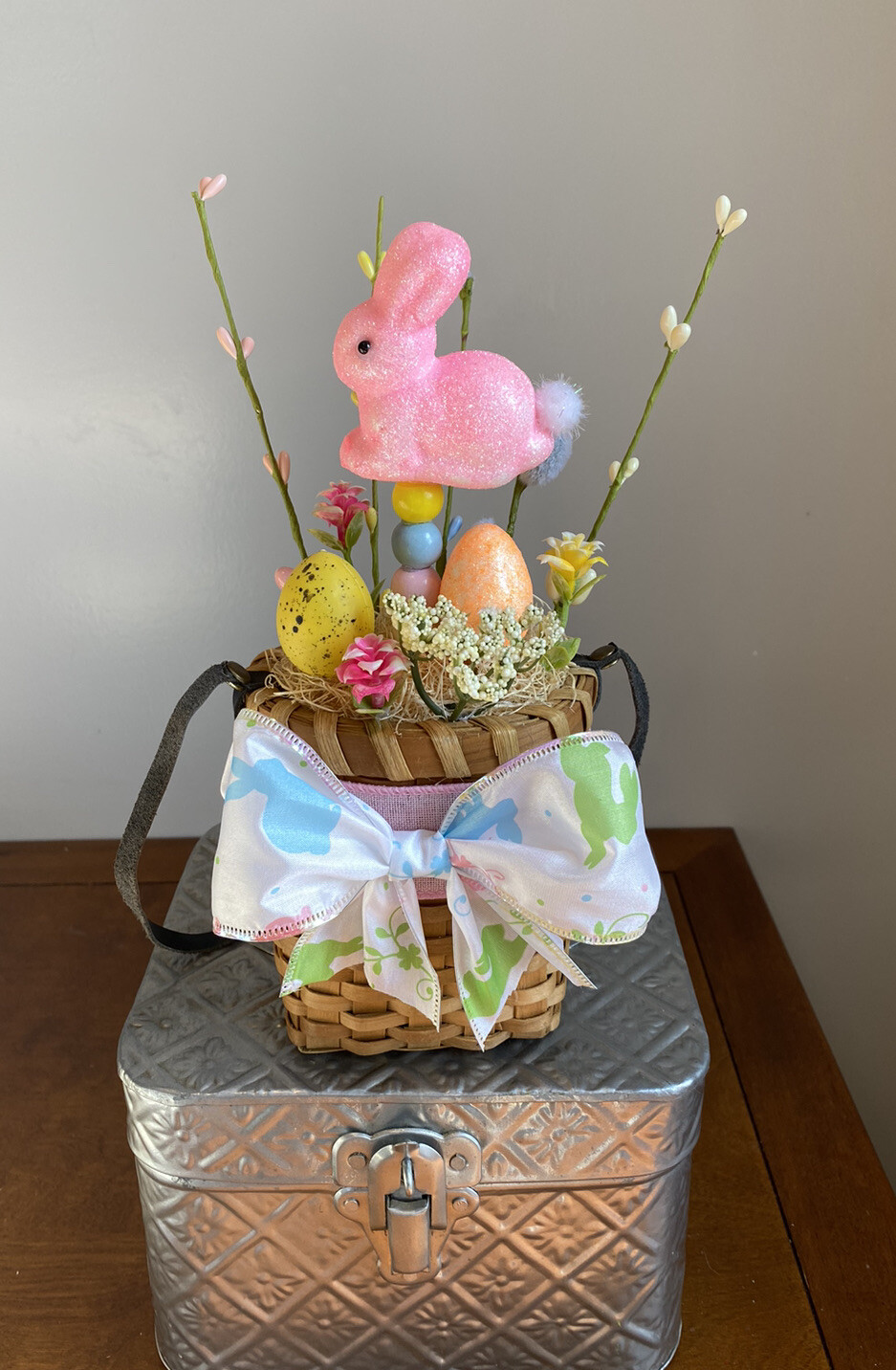 Handmade Floral Flower Arrangement Spring Easter Hanging Basket Bunny Egg Decor