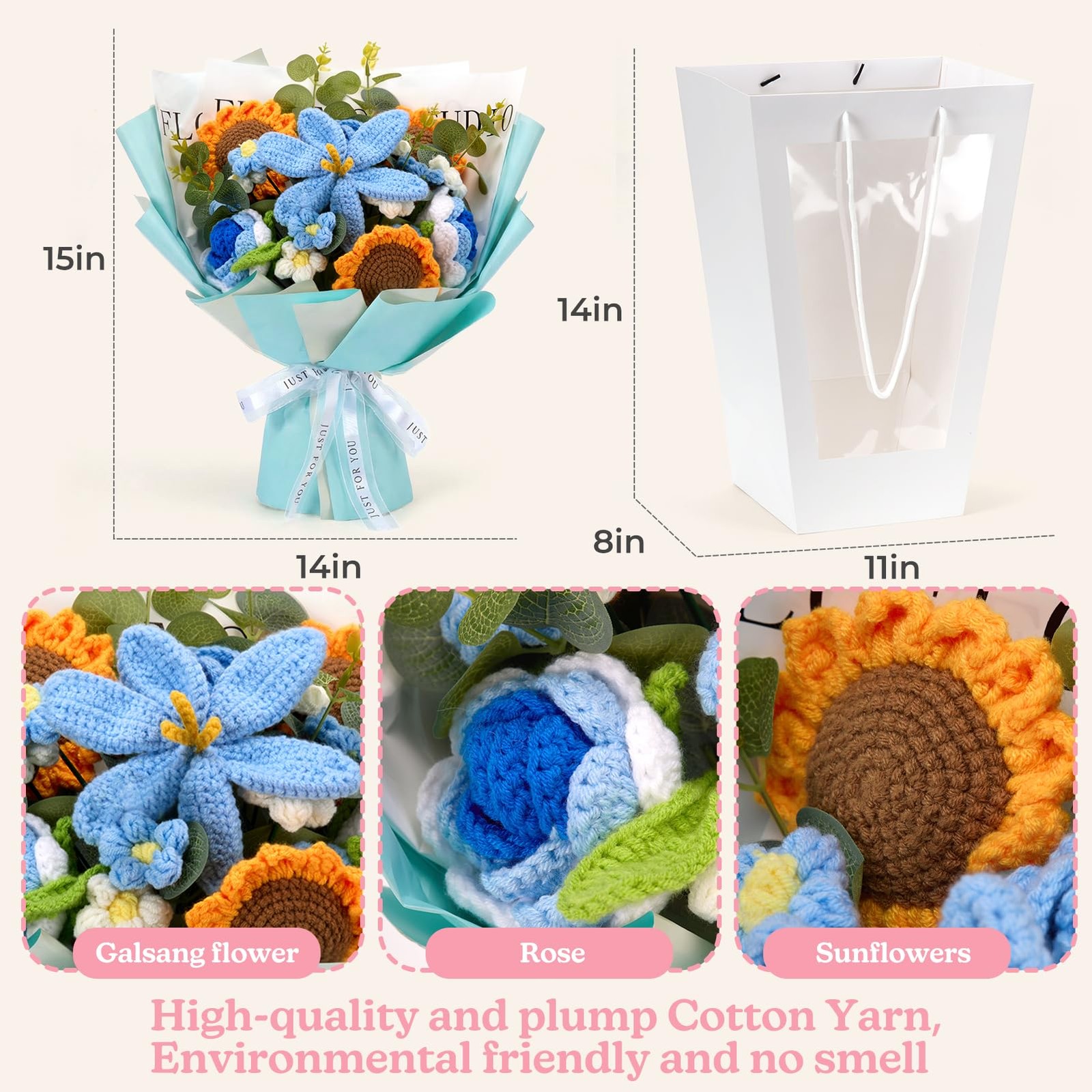 24 Flowers 15″ Tall Handmade Crochet Bouquet Rose Sunflower With Gift Bag