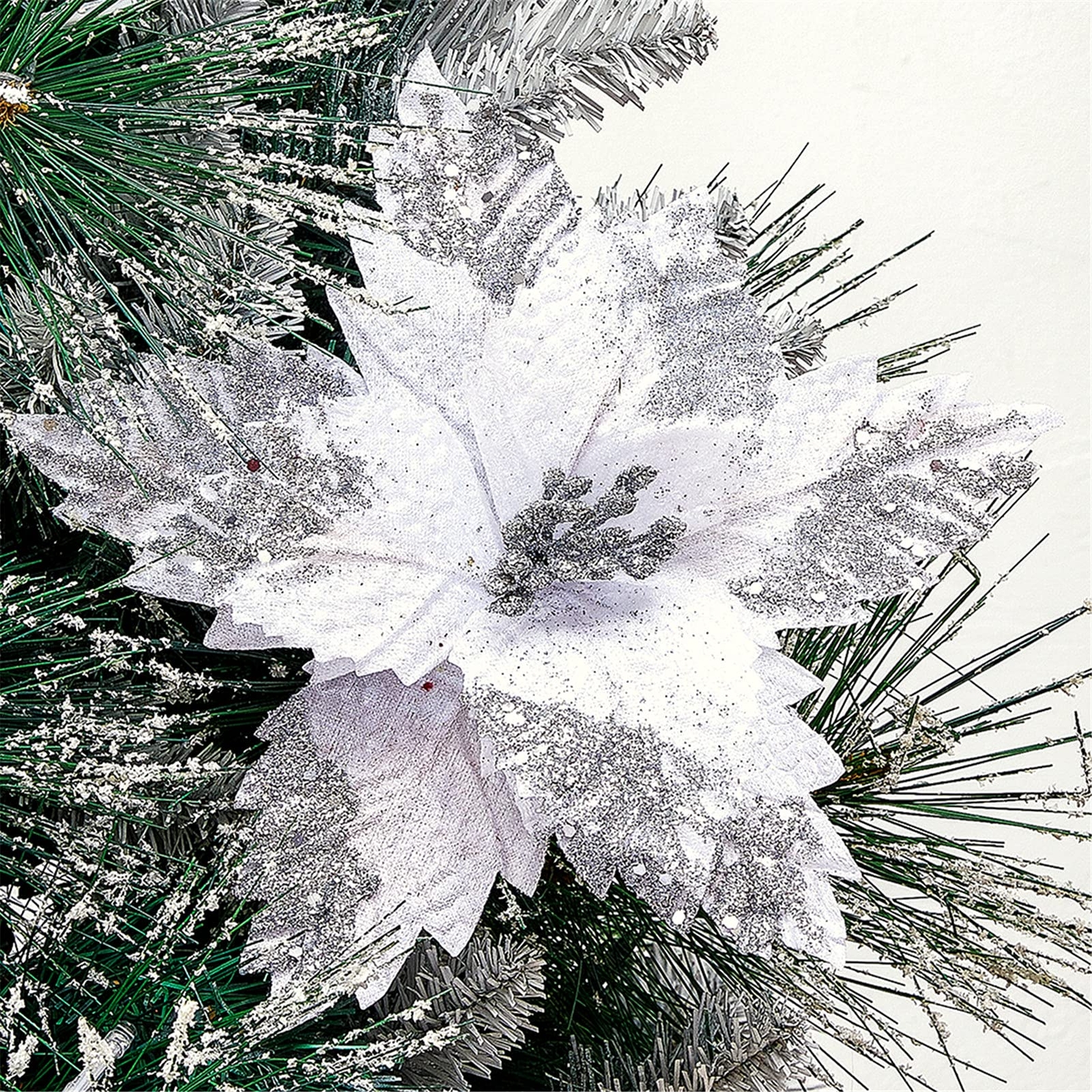10 Pcs 8.3 inch Large White Silver Christmas Poinsettia Picks PR3000