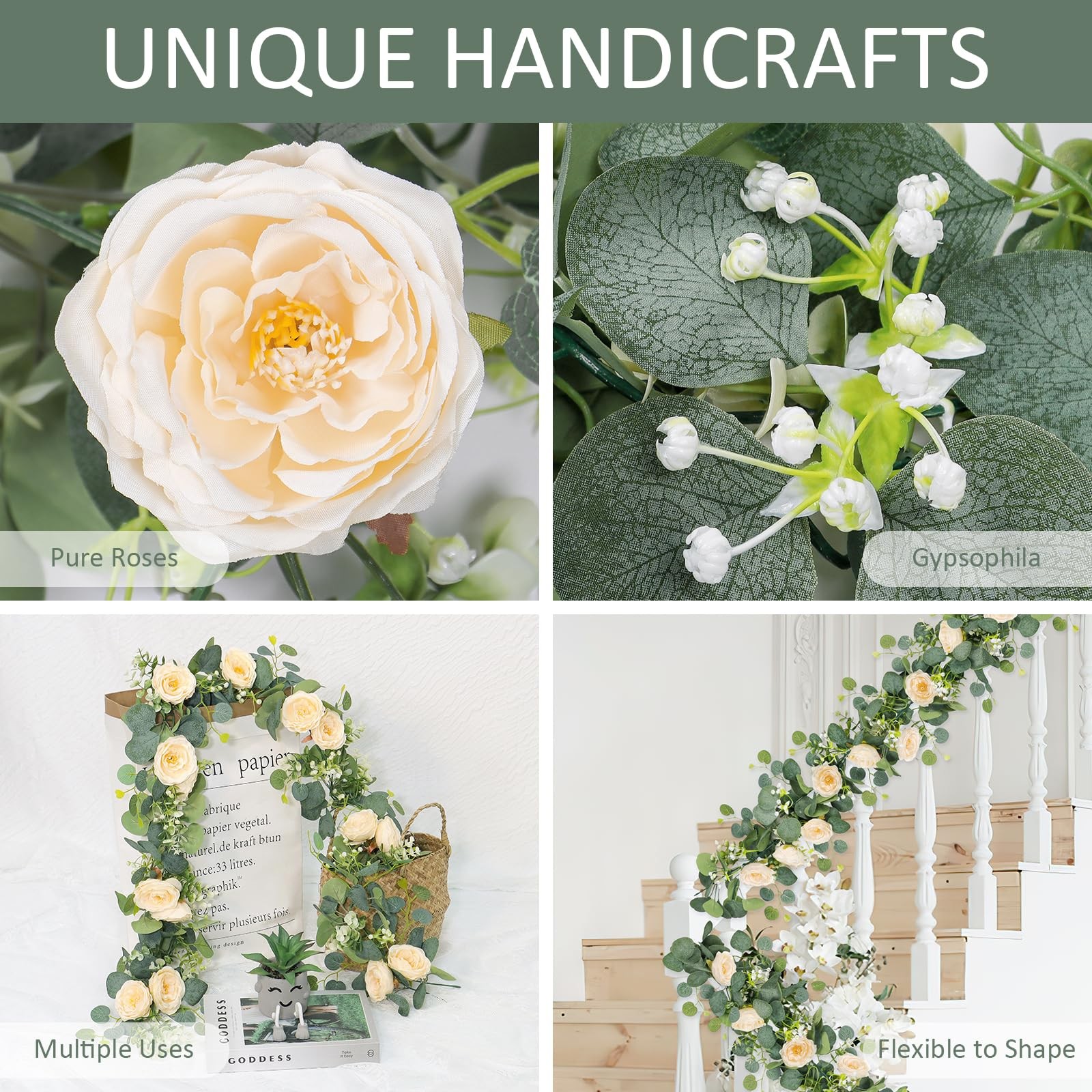 4 Pack 24Ft Artificial Eucalyptus Flower Garland with Champagne Roses, Fake R…