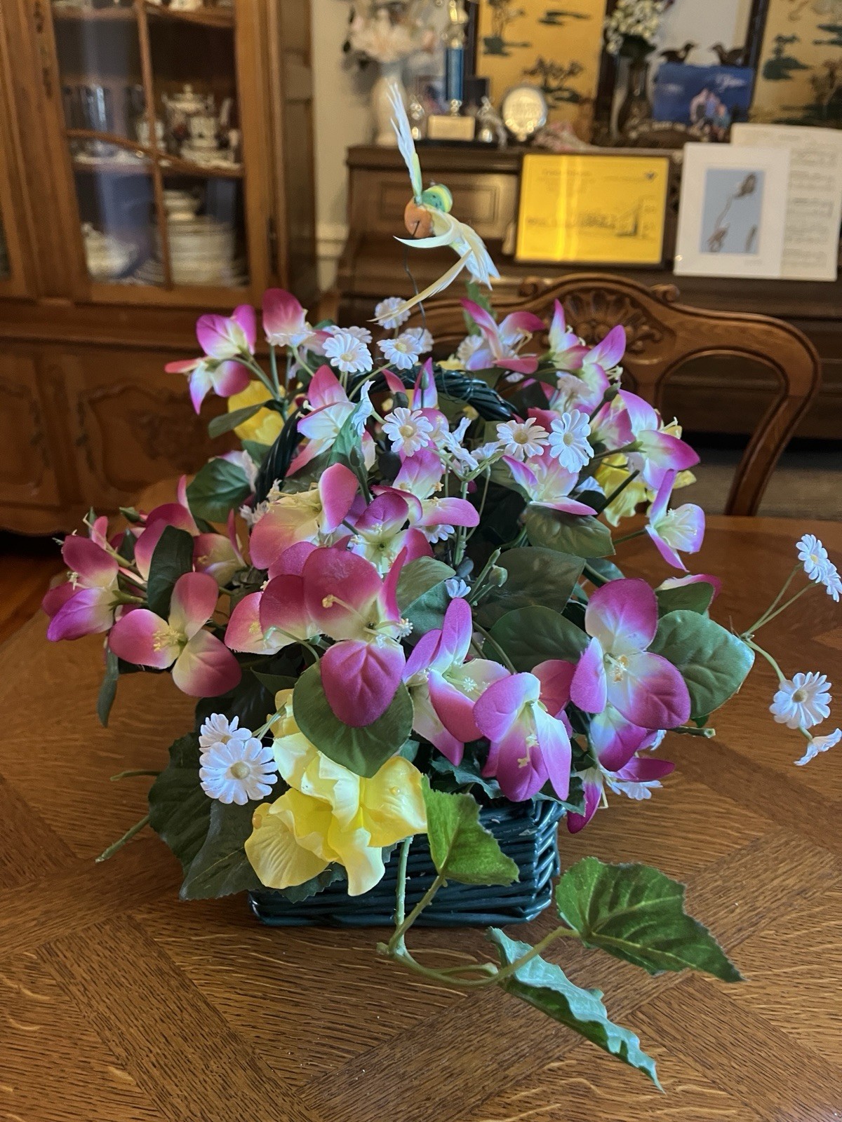 Beautiful Spring Silk Floral Arrangement In Green Wicker Basket