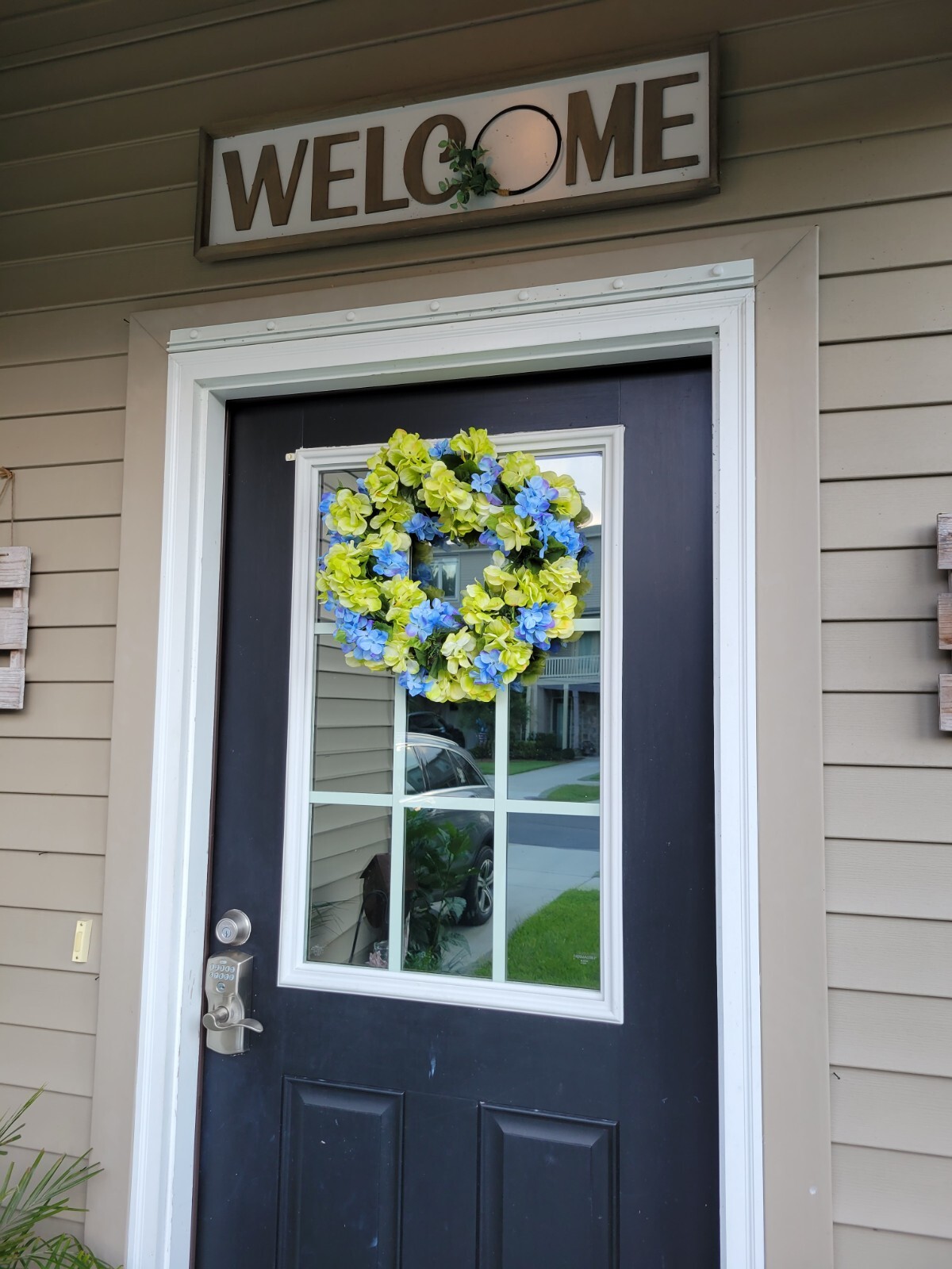FLORAL one of a kind WREATH flowers Decor Front Door 16″ blue green Hydrangeas