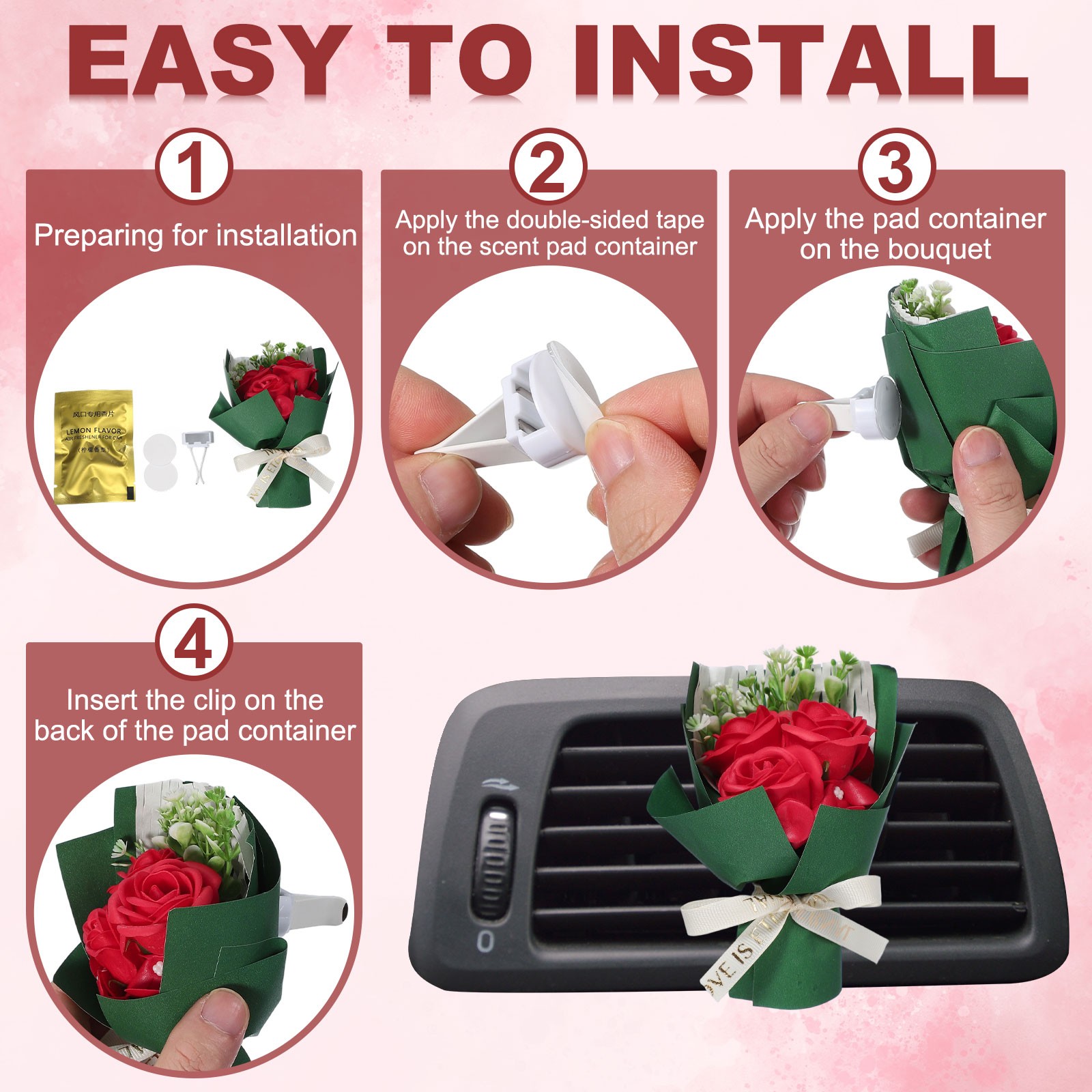 Pink Rose Dried Flower Bouquet, Car Vent Clip Scent Diffuser, Style 1