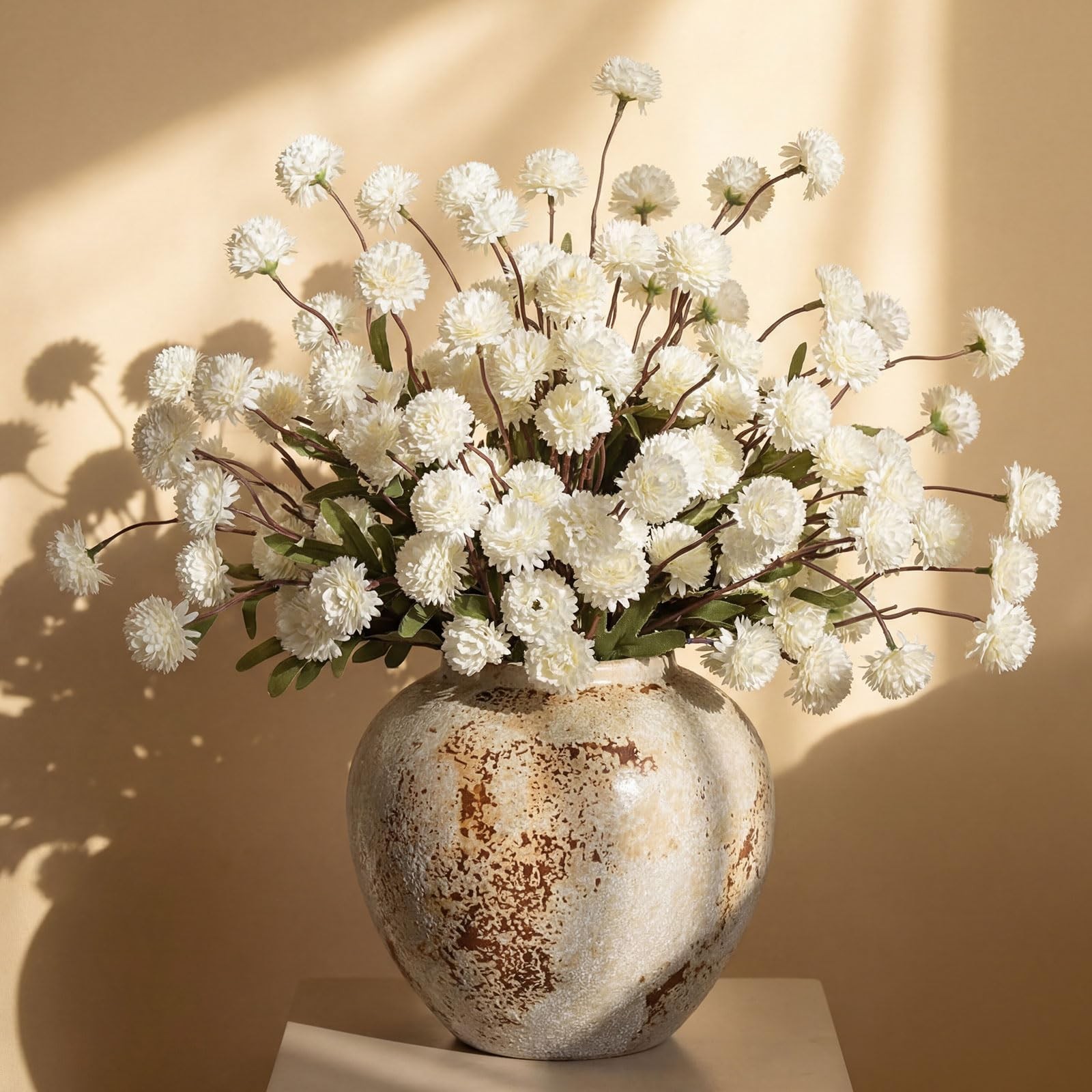 24 Pcs Creamy White Artificial Chrysanthemum Flowers, Faux Silk Mums with Fle…