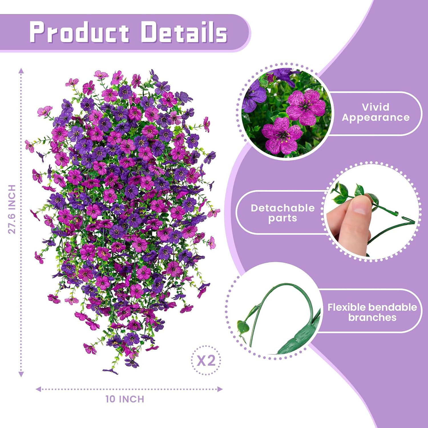 Fake Artificial Hanging Flowers for Outdoor Spring Decor 2PCS Faux Silk Flowers