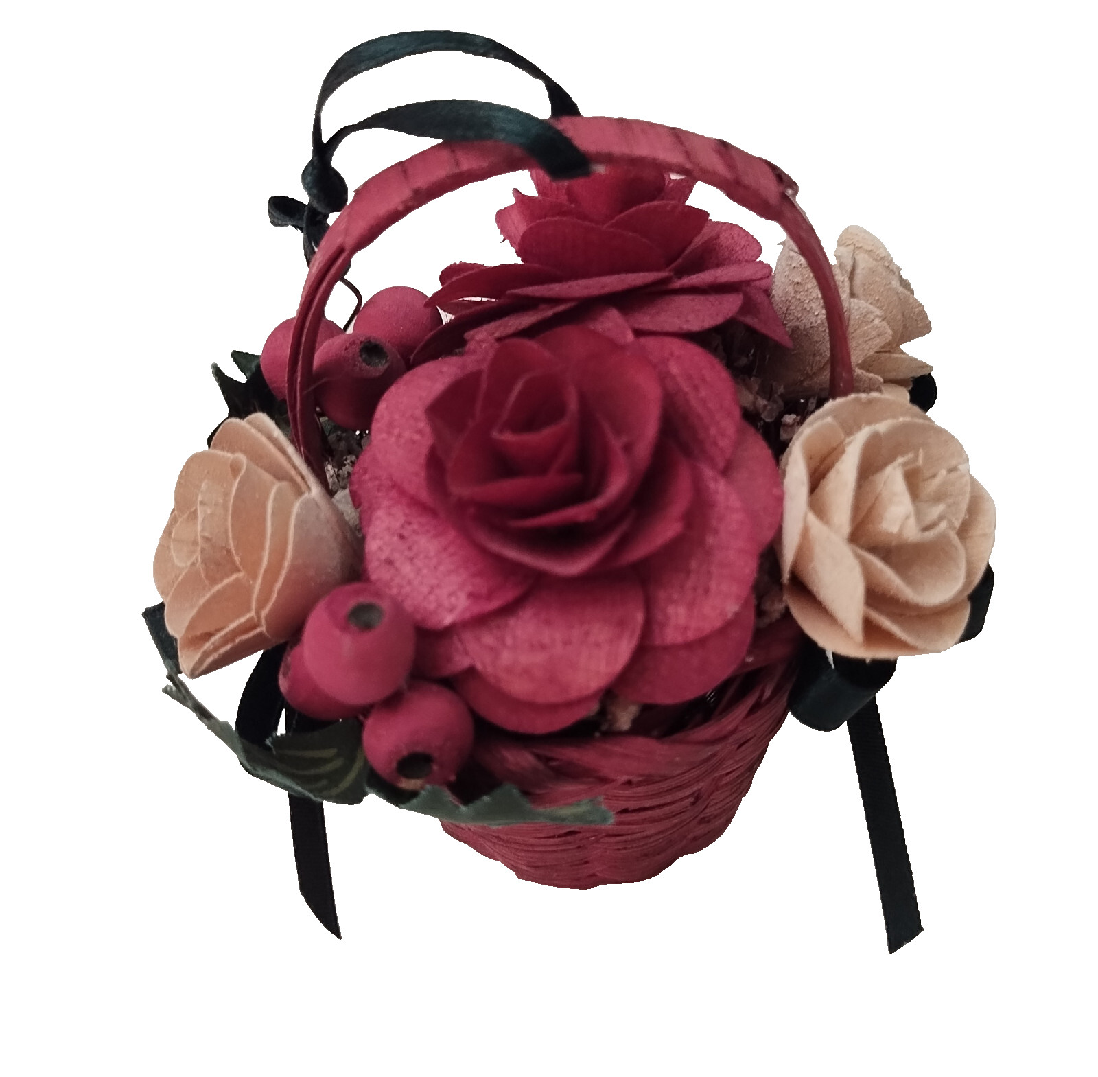 Miniature Sola Wood Roses and Berries Basket Hanging Ornament Burgundy Cream