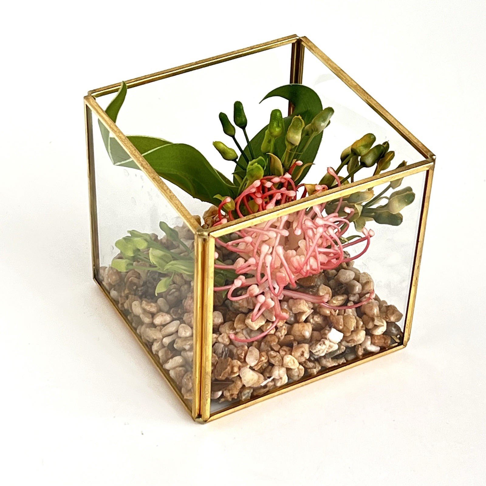 Geometric Square Terrarium Tabletop Planter Artificial Succulents 4” Brass