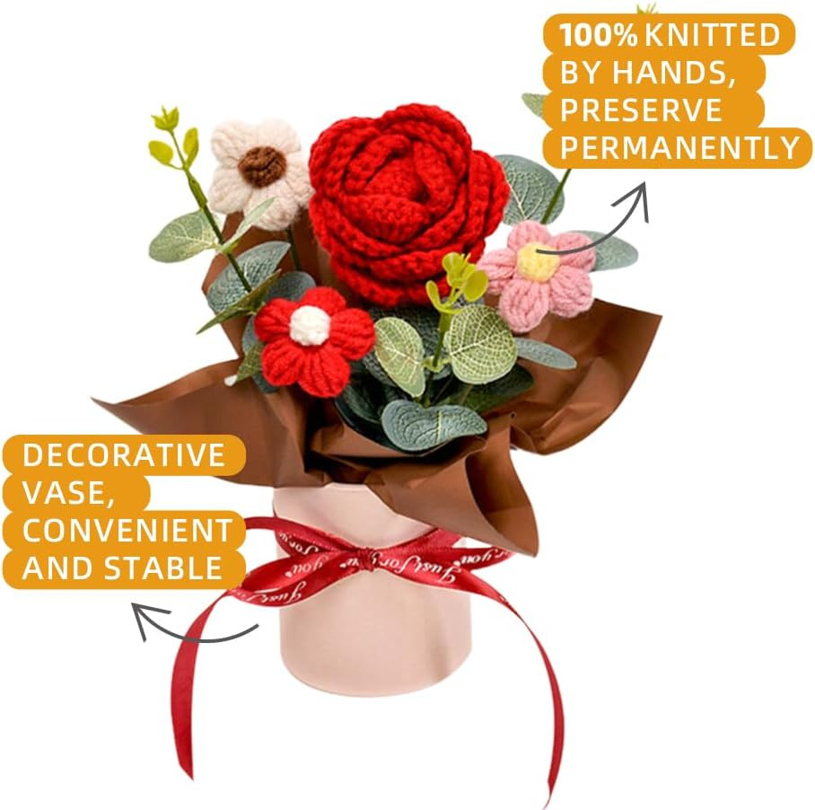 Crochet Medium Rose Flower Bouquet: Handmade Knitted Bouquet for Mother’S Day Bi