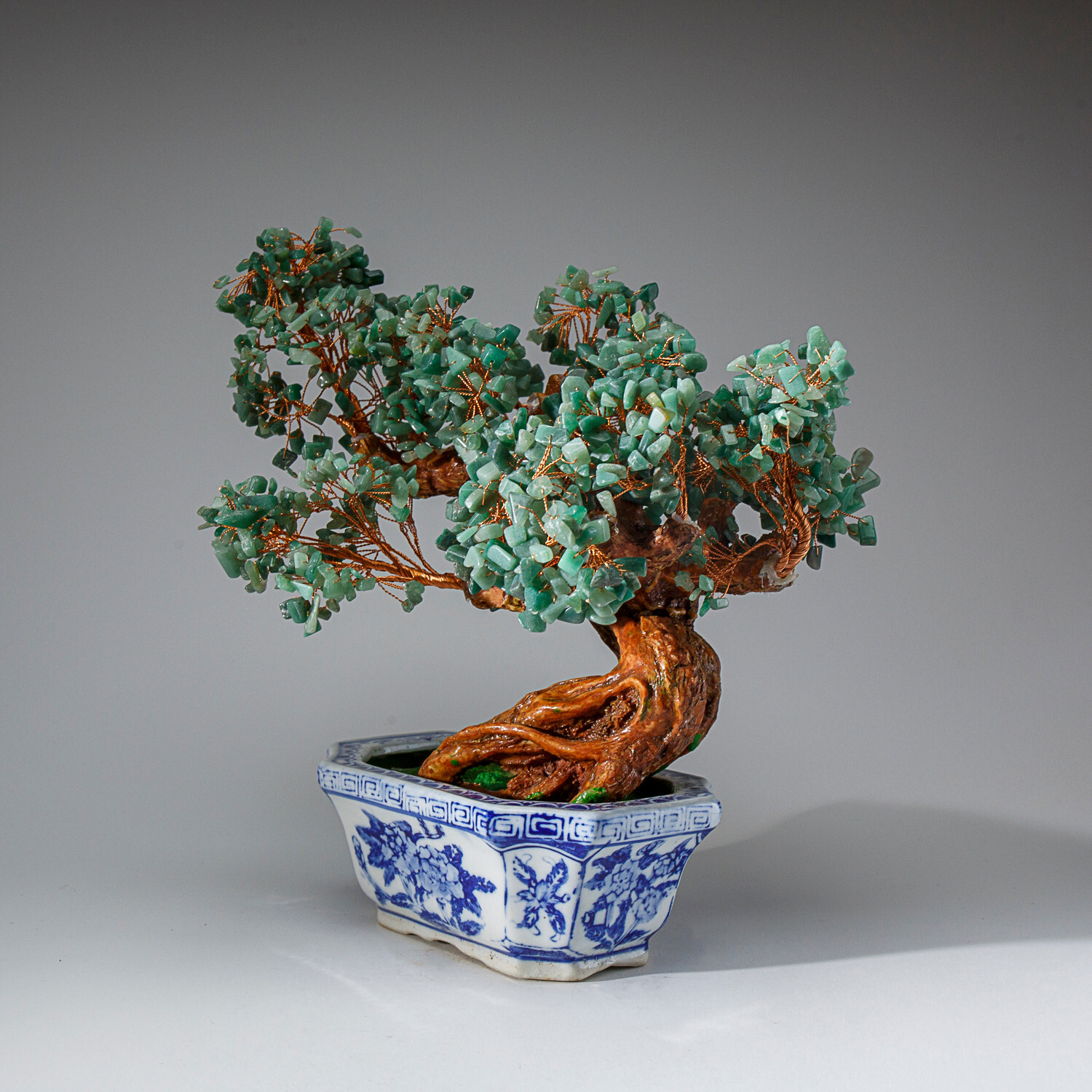 Genuine Green Aventurine Gemstone Bonsai Tree in Square Ceramic Pot (10.5” Tall)
