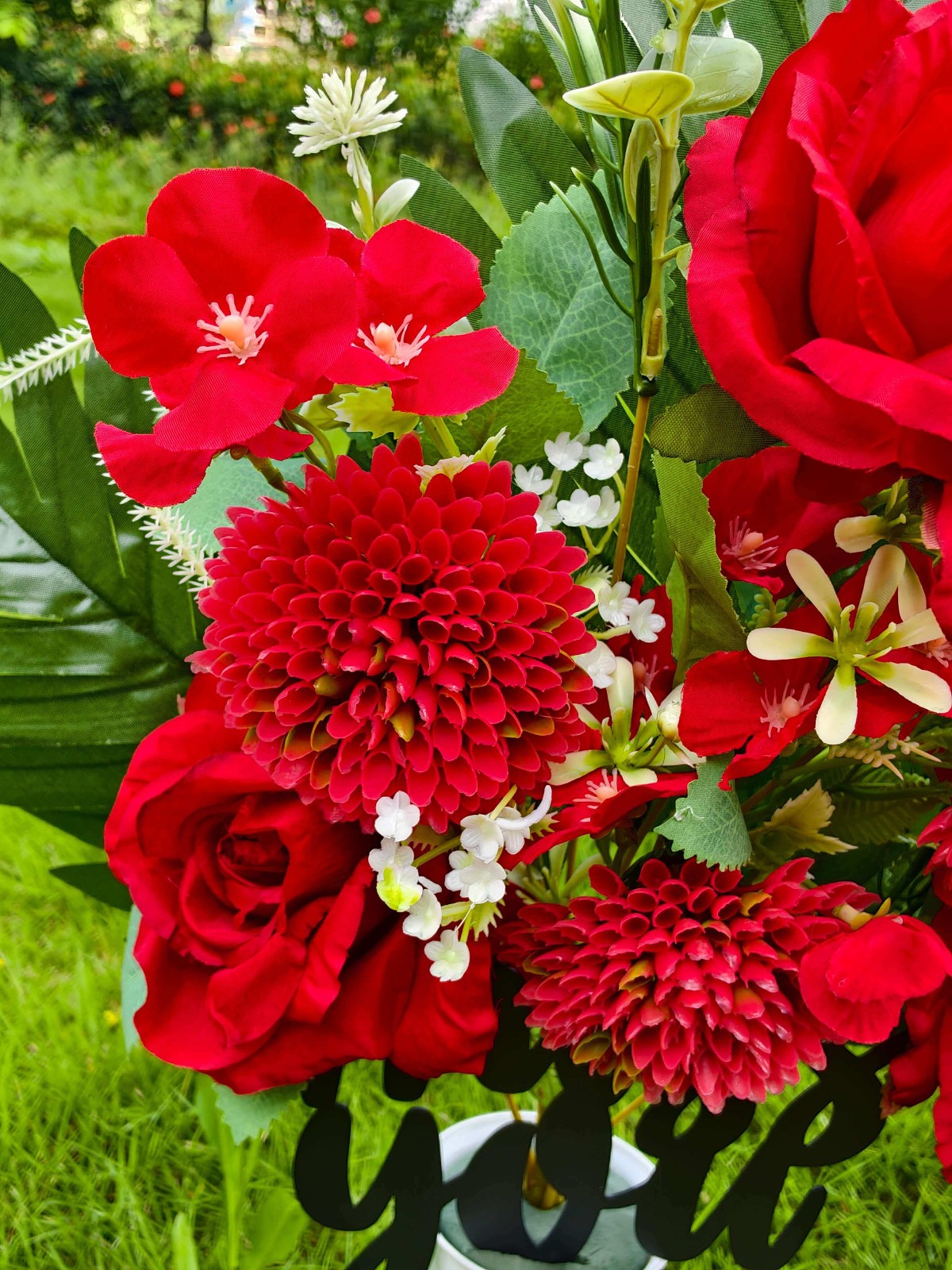 Red Roses Artificial Cemetery Flowers in Vase – Memorial Grave Headstone Decor