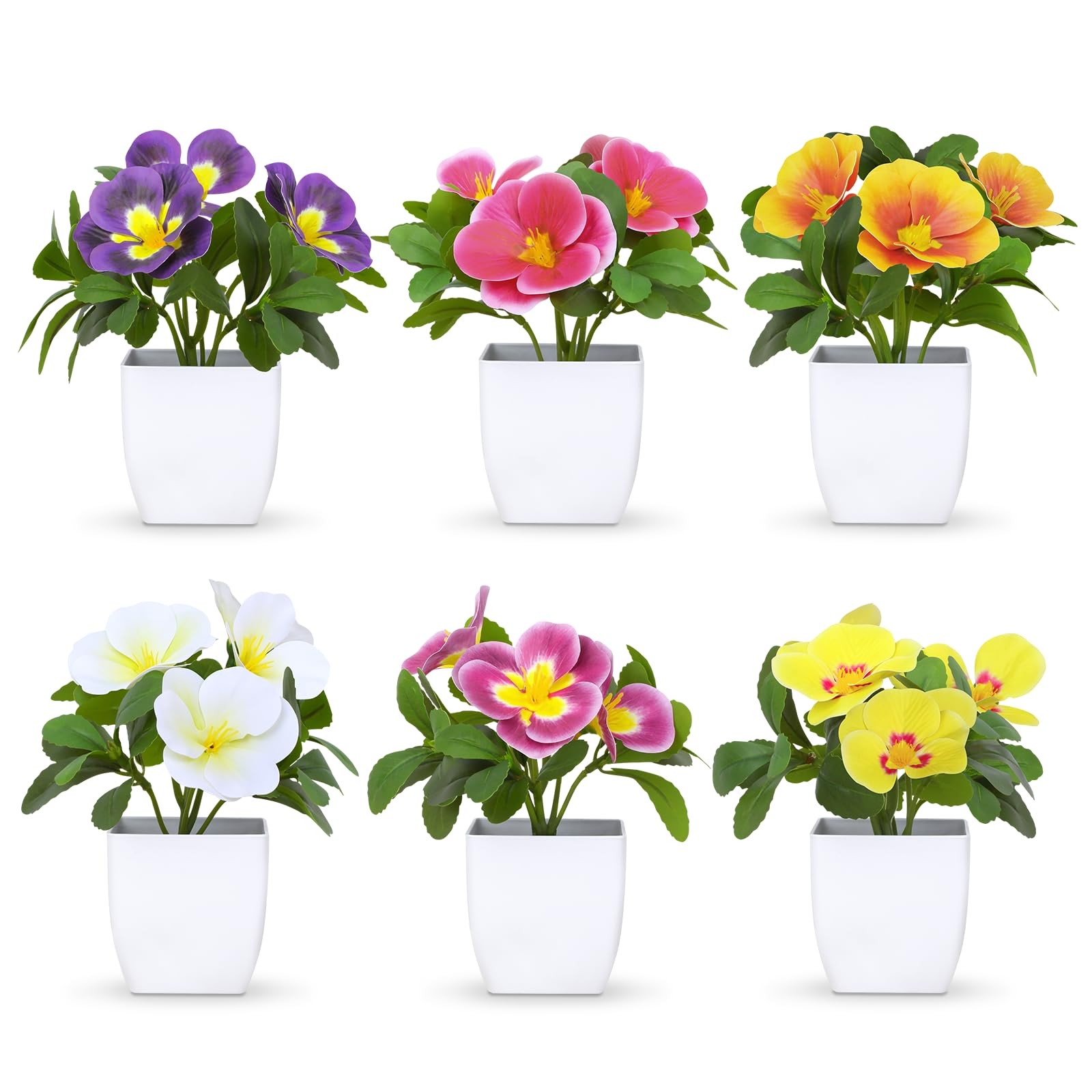 6 Pack Artificial Pansy Flowers In Pots 5.9 Inch Mini Fake Potted Plants