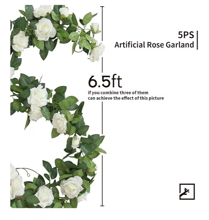 5 Pack 30 ft Fake Rose Garland, Artificial Silk White Rose Flower Vines,