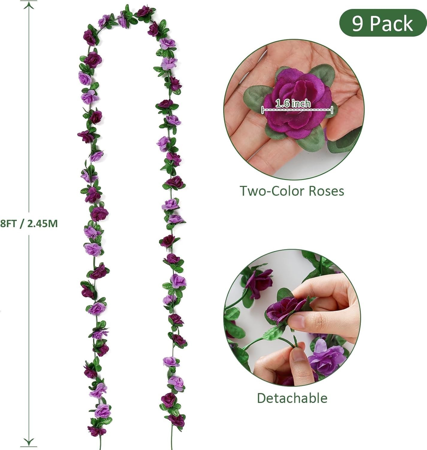 9 Pack 72 FT Artificial Flower Garland Fake Purple Roses Vines Silk Flowers Faux