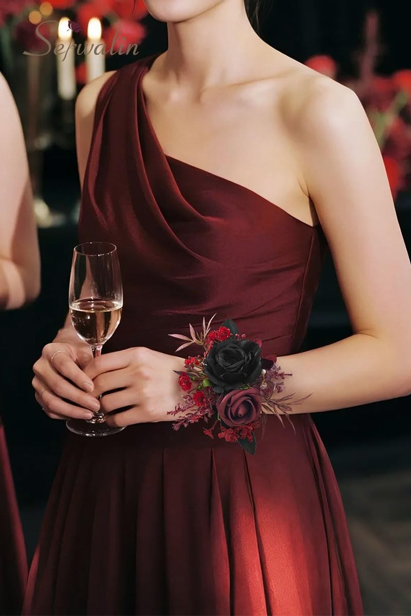 2 PCS Black Burgundy Wrist Corsage Boutonniere Set 67 Inch Wedding Prom Suit