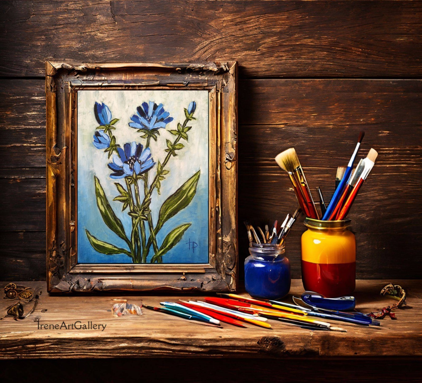 Chicory Botanical Oil Painting Original Floral Expressionist Art Blue Flower Wal