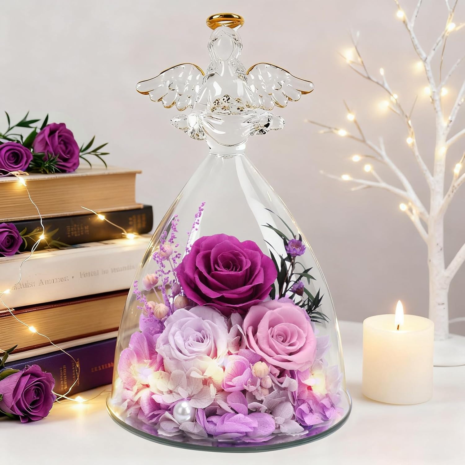 7″ Preserved Rose Flowers in Glass Angel Figurine Eternal Rose Gift, LED, Purple