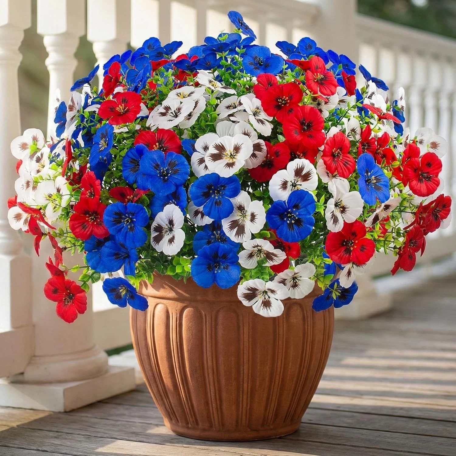 Vibrant 18 Pcs Artificial Pansy Flowers for Porch & Patio – Red, White, Blue