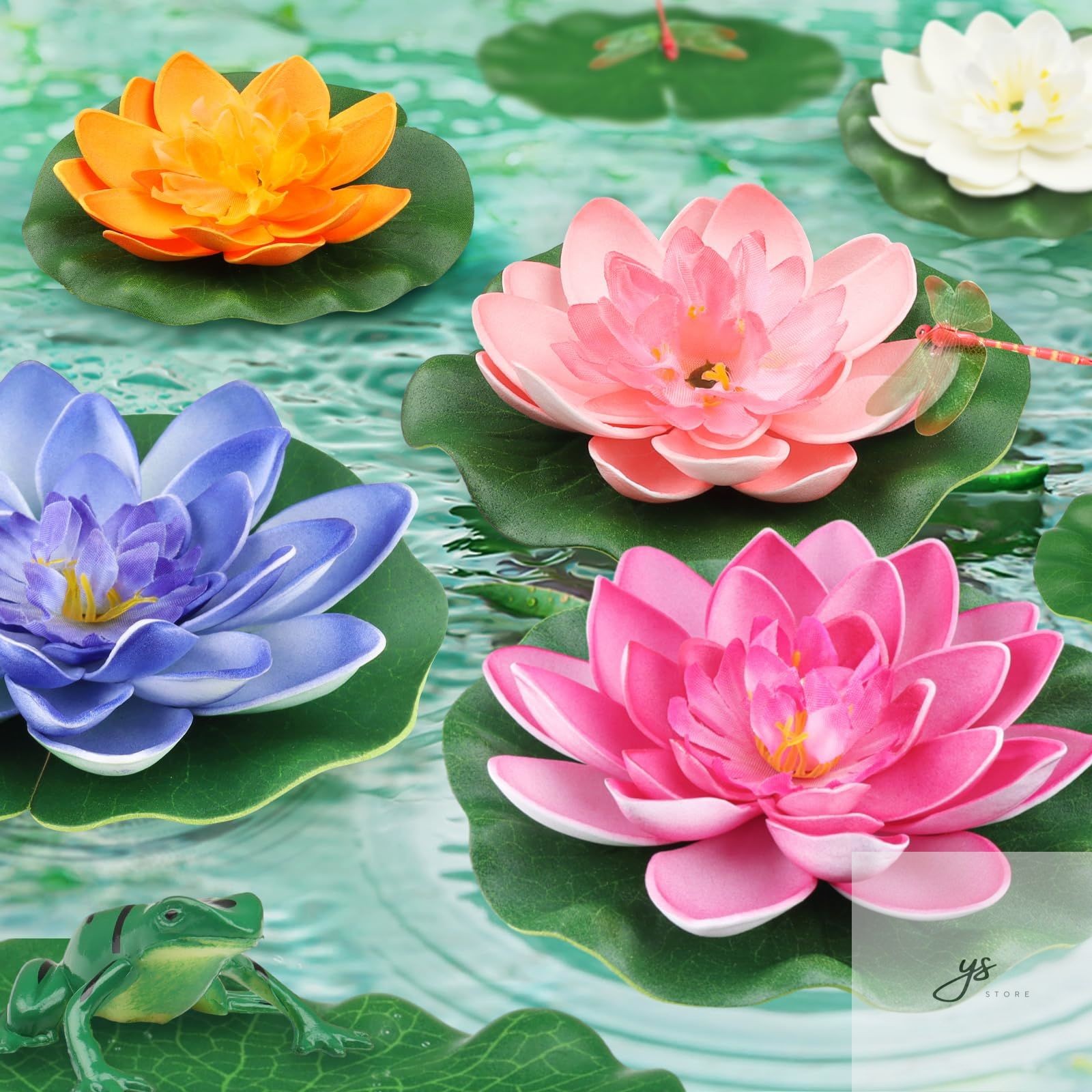 22 Pack Artificial Floating Foam Lotus Flowers with Artificial Frog Lotus Leaves