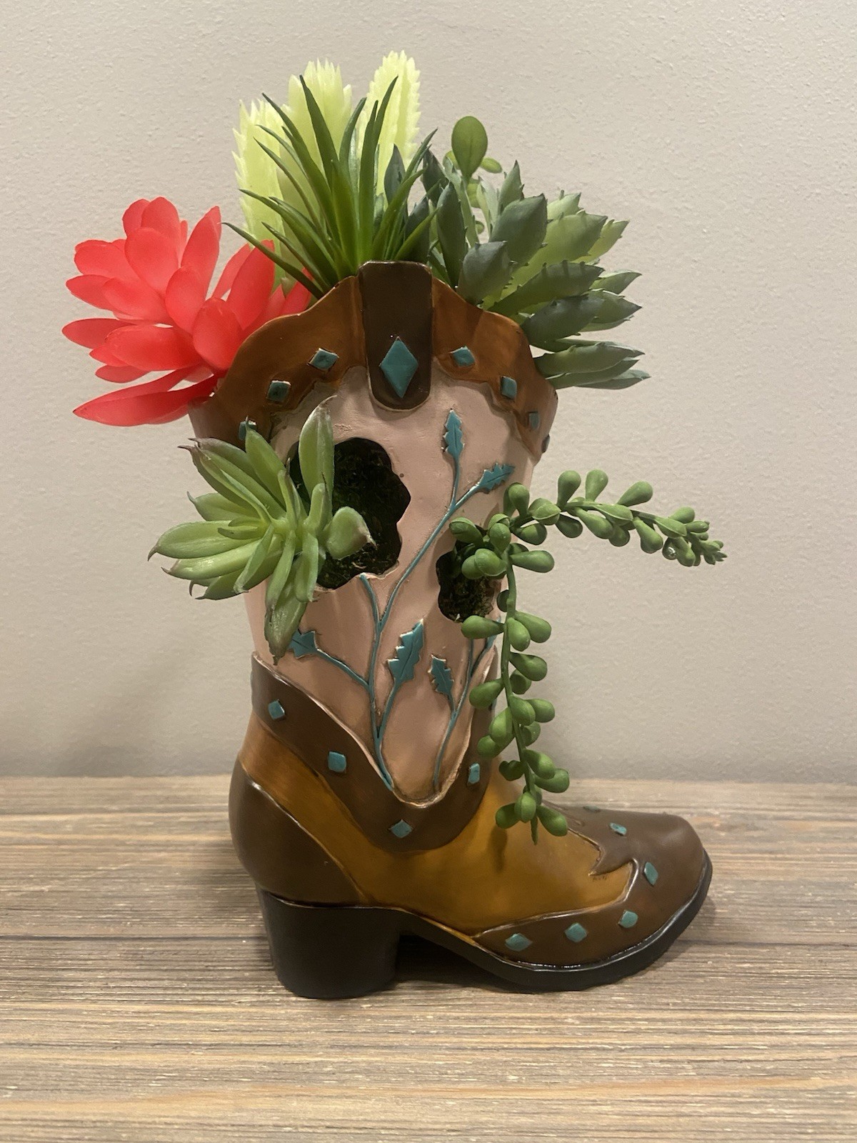 COWBOY BOOT PLANTER WITH ARTIFICIAL SUCCULENTS