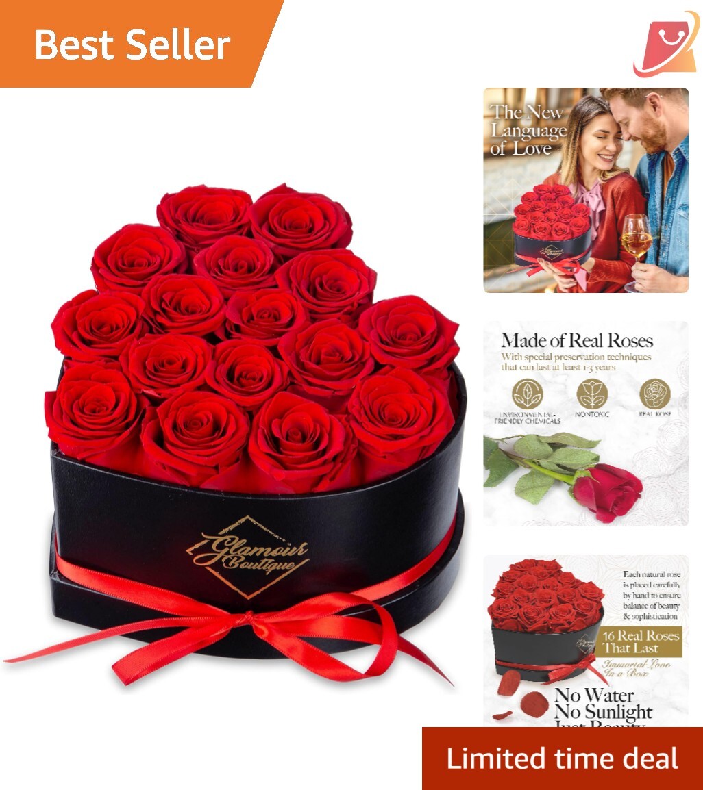 Heart Shape Box Preserved Roses 16 Red Roses Gift Easy Maintenance Décor