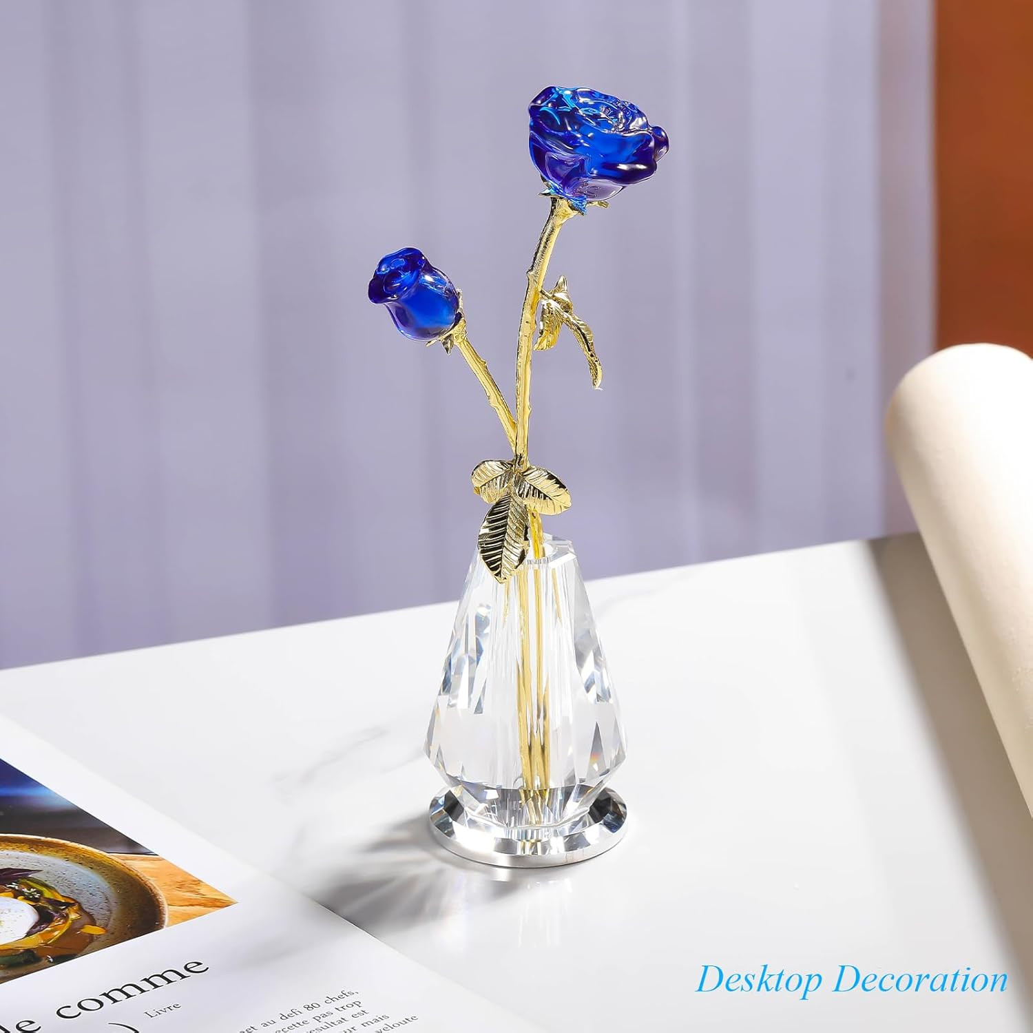 Crystal Rose Flowers Figurines Home Decor, Blue Glass Flowers with Stems, Collec