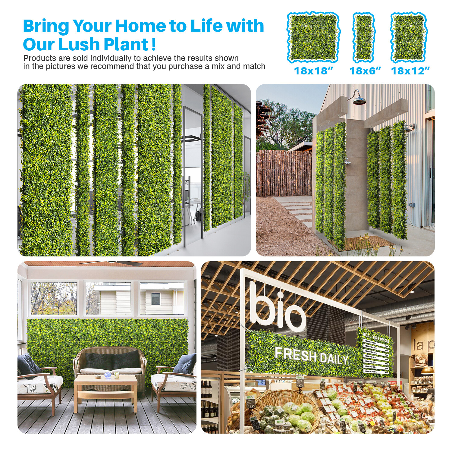 Artificial Boxwood Mat Wall Decor w/Hard Panels Fence Panel Grass Double Side