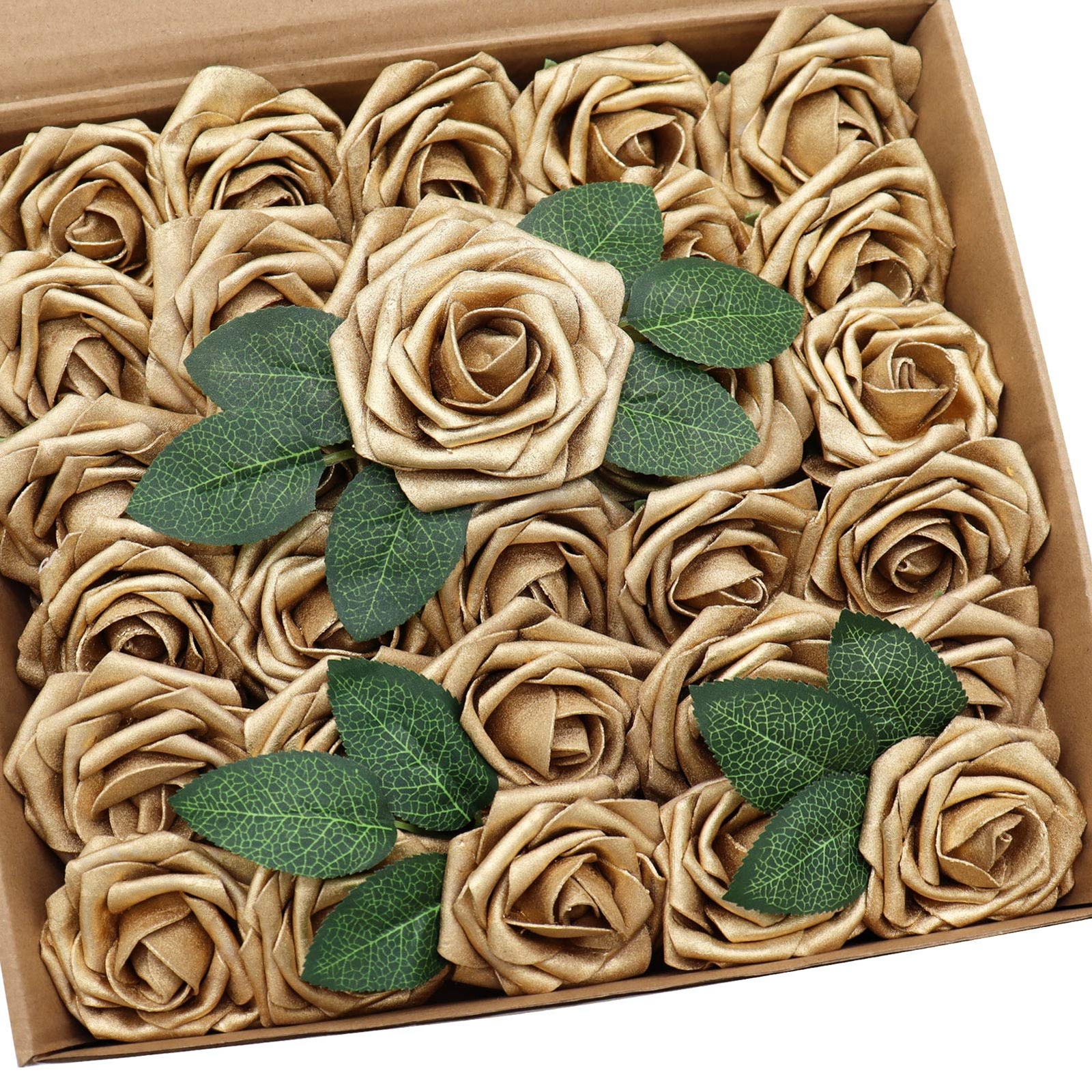 Artificial Flowers 30pcs Gold Rose Real Looking Fake Roses With Stem For Diy Wed