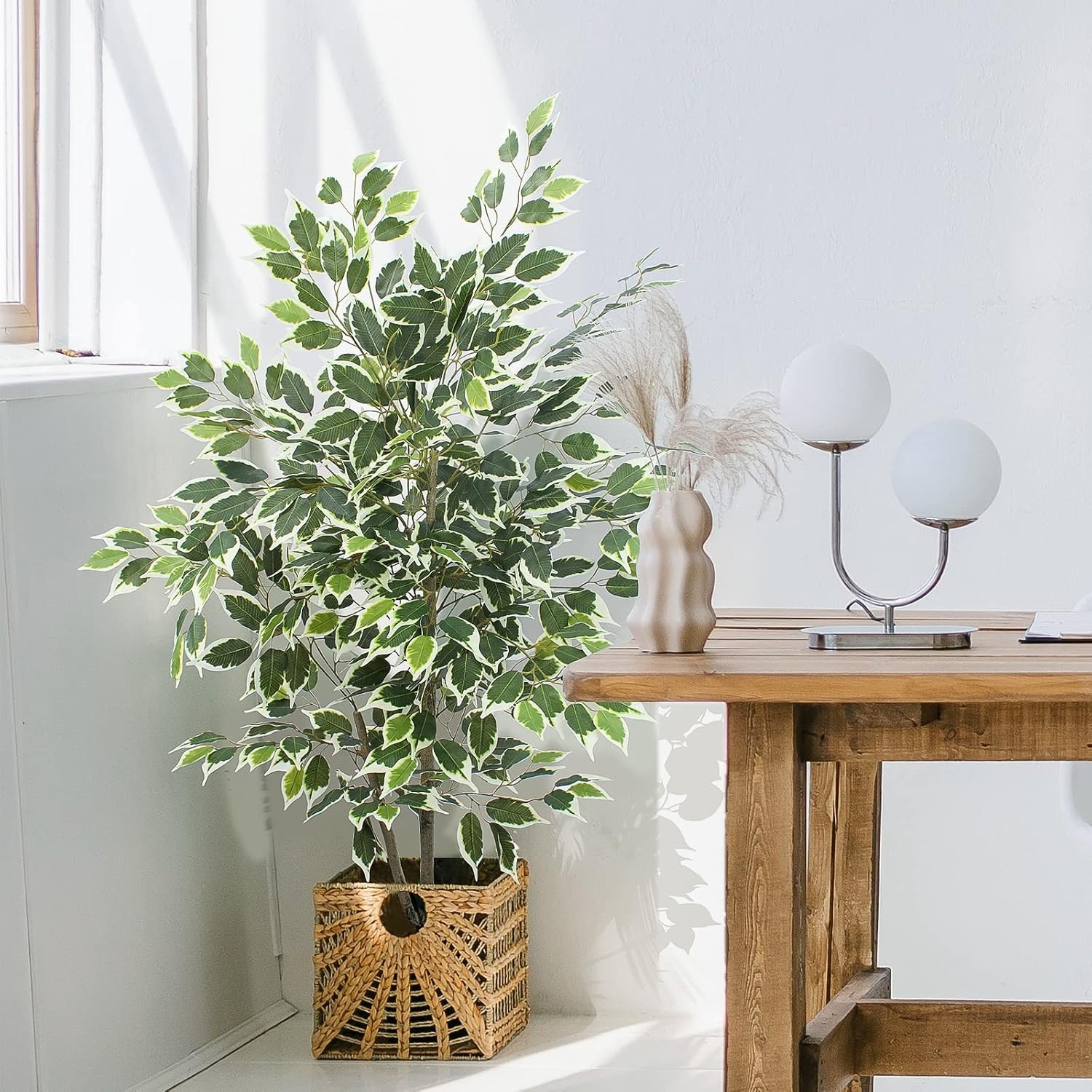 Vibrant Green 4 FT Artificial Ficus Plant in Pot – All-Season Decorative Piece