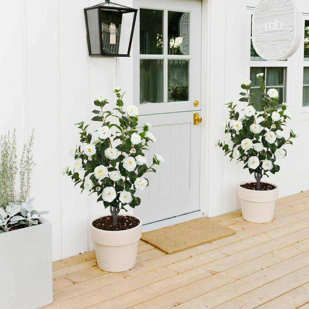 2PCS 3.6 Ft. Artificial Camellia Tree in Black Pot with 32 White Flowers & Dried