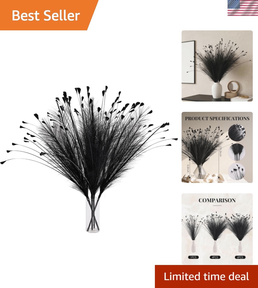 Black Pampas Grass Decor 4pcs 25 Inch Faux Pampas Grass ， Artificial Pampas f…