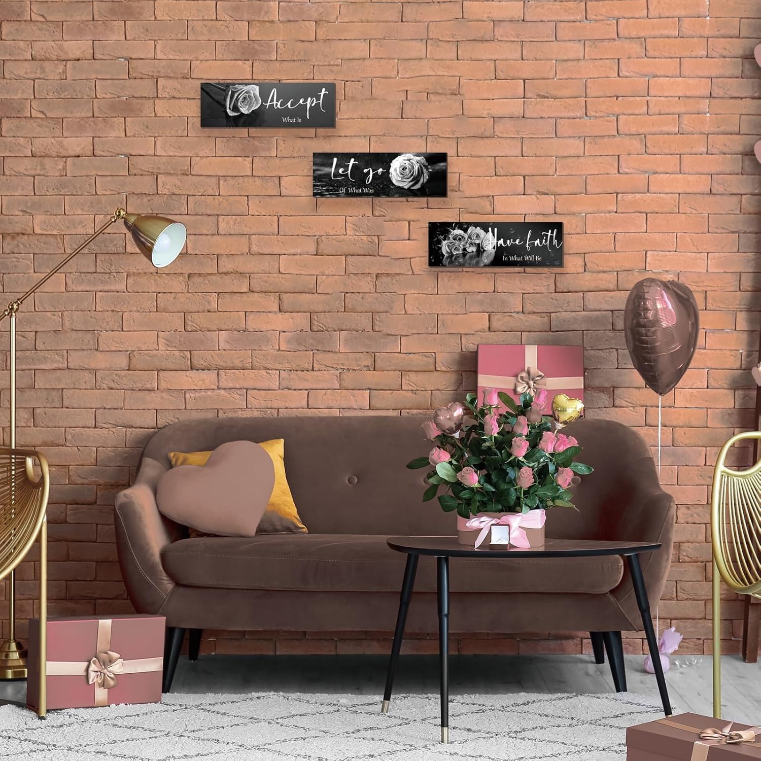 Modern Wooden Flower Wall Art – 3 Piece Black White Rose Inspirational Design