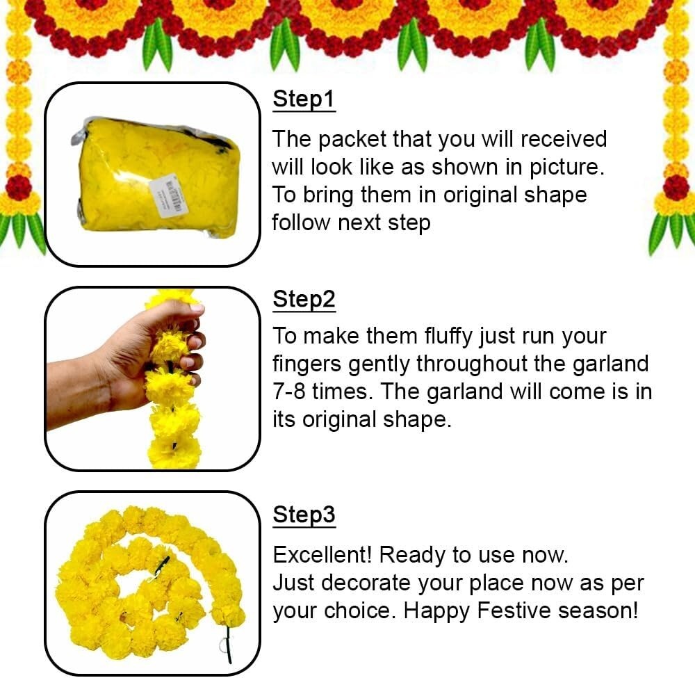 Marigold Garlands, 5 Pack – Artficial Yellow Flowers, Decorations, 4 to 4.5 Ft