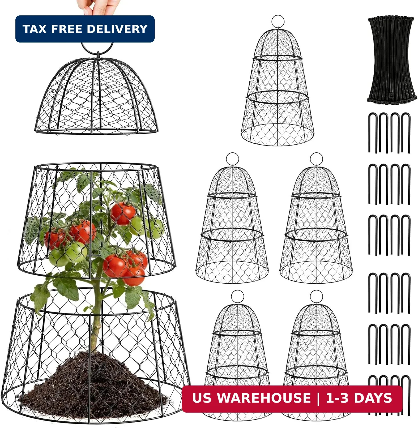 6 Pack Garden Cloche Plant Protectors from Animals, Adjustable 3-Tier Chicken Wi