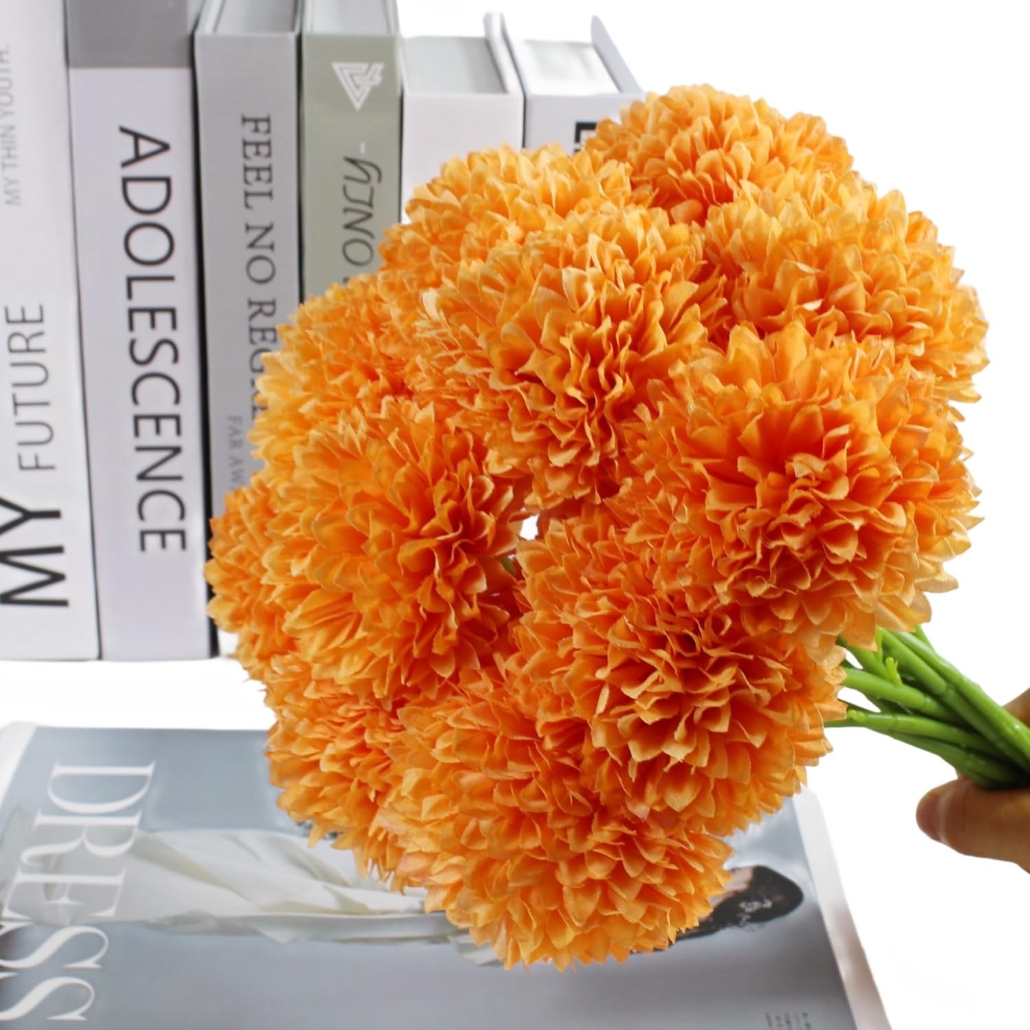 12 PCS Orange Artificial Silk Chrysanthemum Mums Fake Ball Flowers Decor